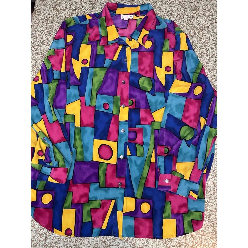 VTG Colorful Abstract Artsy Blouse Womens 24 Picasso Geometric Whimsy
